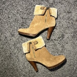 Annie Klein Tan 9.5 Leather Rolled Top Faux Fur Heel Bootie Side Zip